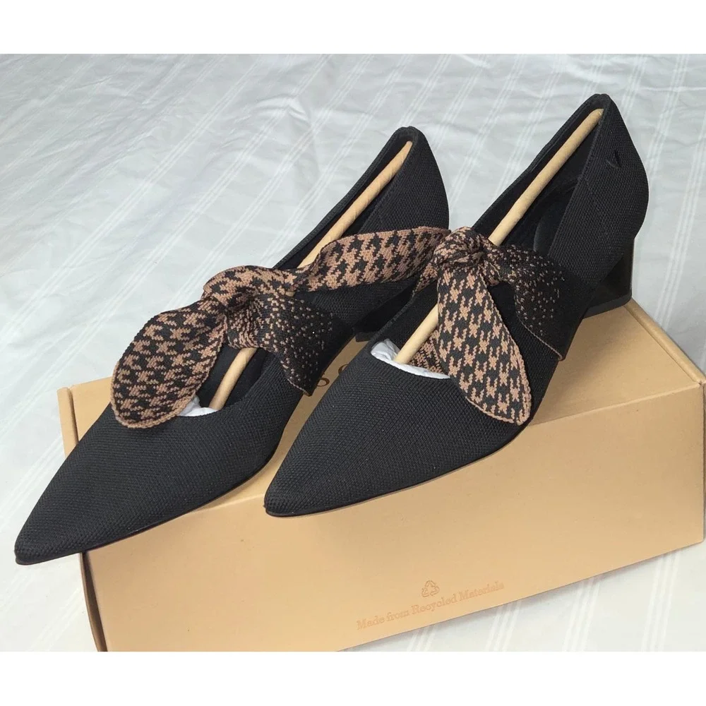 Vivaia Pointed-Toe Block Heel Mary Jane Knit Pumps Houndstooth Bow Size 7.5 EU38